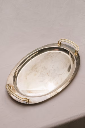 Silver plated tray with brass handles